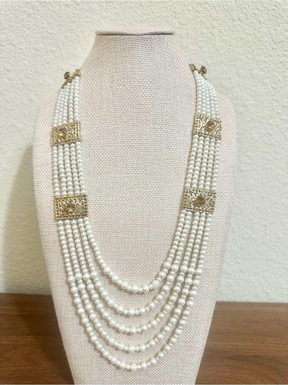 Southeast Asian White Pearl Mala Necklace w/ Gold Accents & Topaz Center Stones